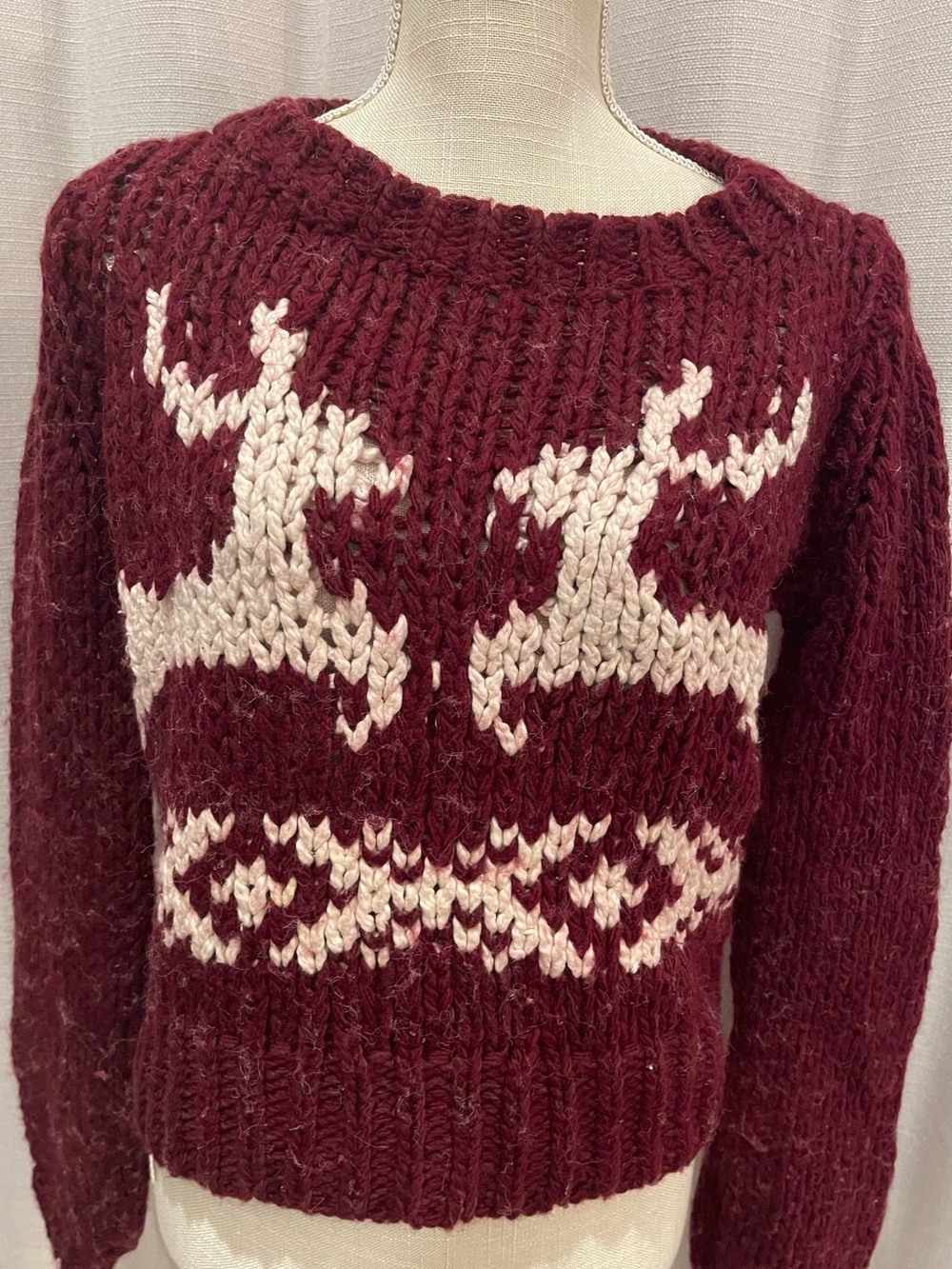 Free People Burgundy and Cream Prancer Reindeer Chunky Sweater